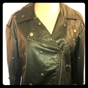 Green Faux leather moto jacket with Stars